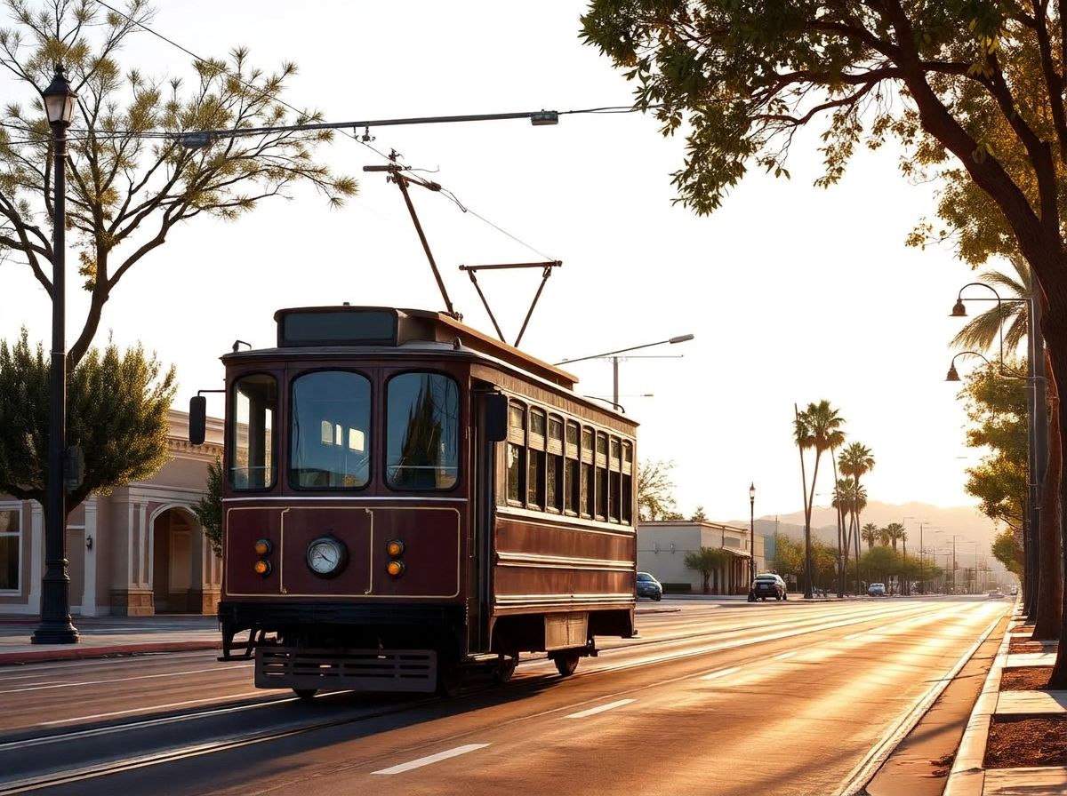 Vintage trolley on a sunny street in Chino, California